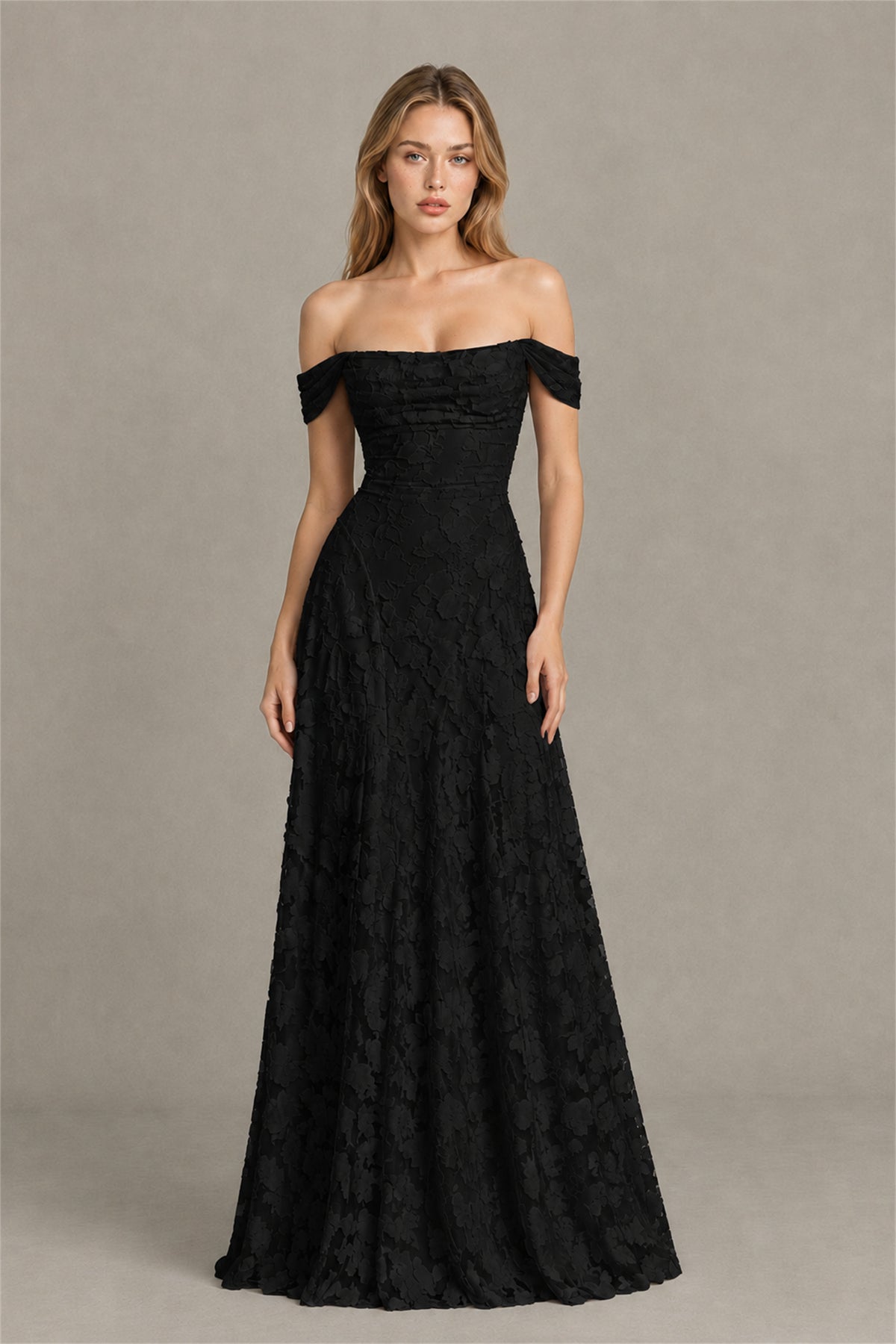 BOLODOO Black Off-Shoulder Pleated A-Line Maxi Dress Floral - Black