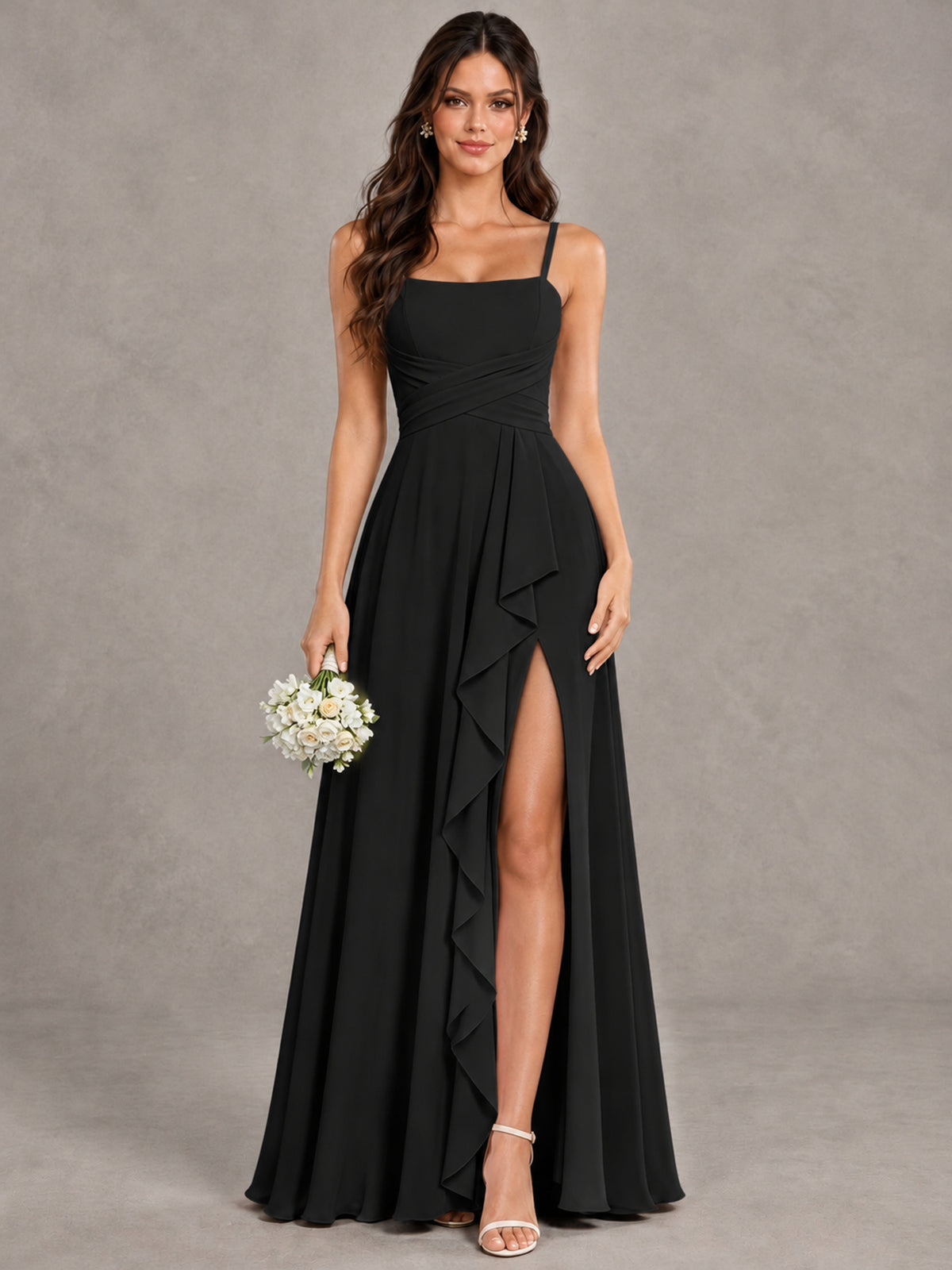BOLODOO Black Spaghetti Strap Ruffle Bridesmaid Dress with Slit - Black - Black (1)