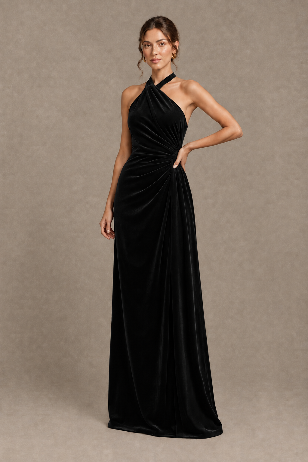 BOLODOO Black Velvet Halter Neck Open Back Evening Gown - Black