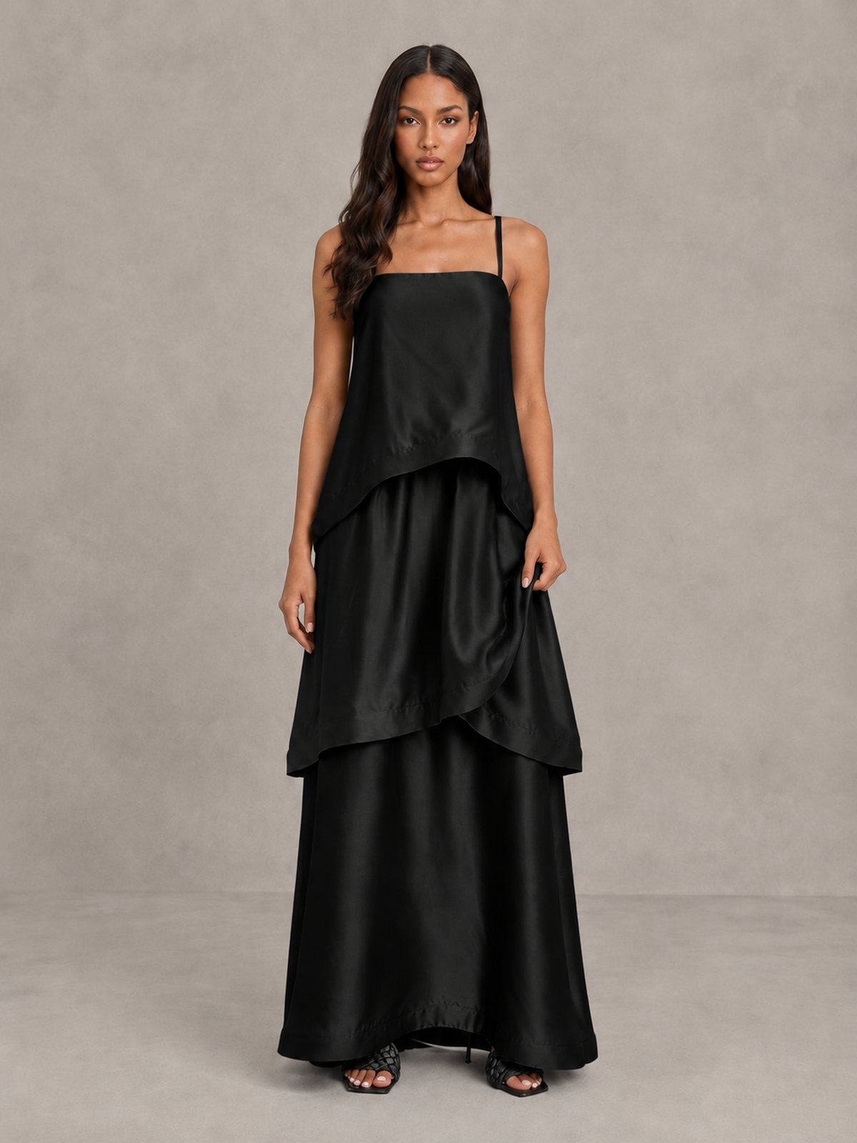 BOLODOO Black Satin Tiered Maxi Dress with Spaghetti Straps - Black