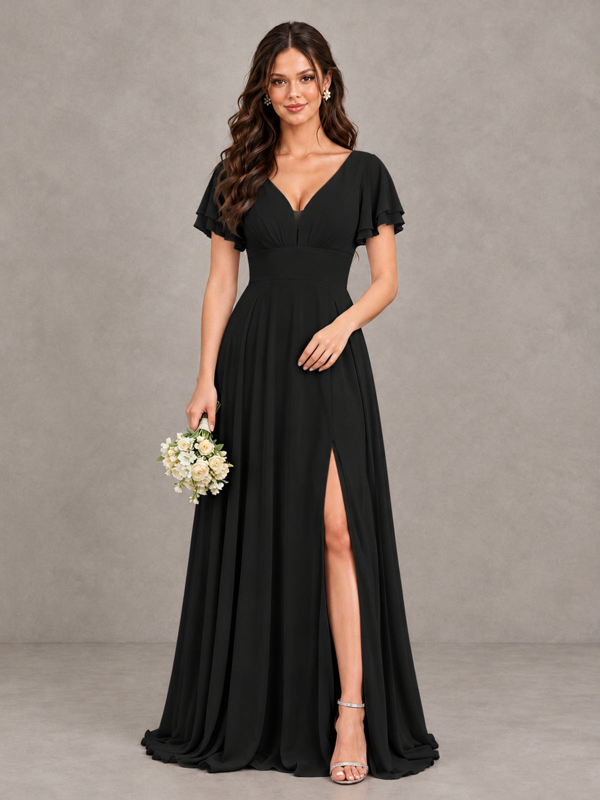 BOLODOO Black Flutter Sleeve Chiffon A-Line Maxi Bridesmaid Dress with Open Back & Slit - Black - Black (1)