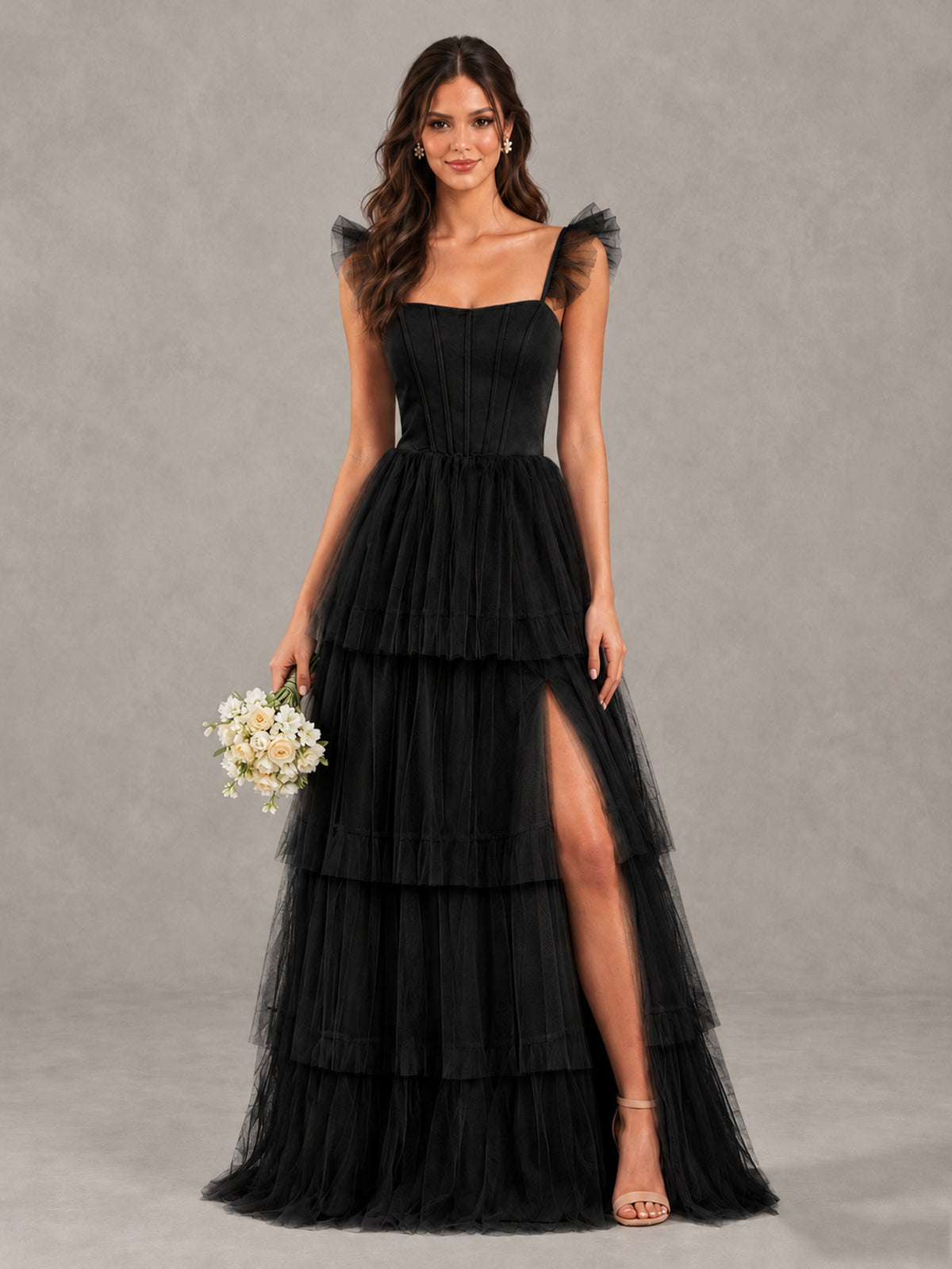 BOLODOO Black Tiered Tulle Bridesmaid Dress with Slit - Black - Black (1)