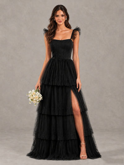 BOLODOO Black Tiered Tulle Bridesmaid Dress with Slit - Black - Black (1)