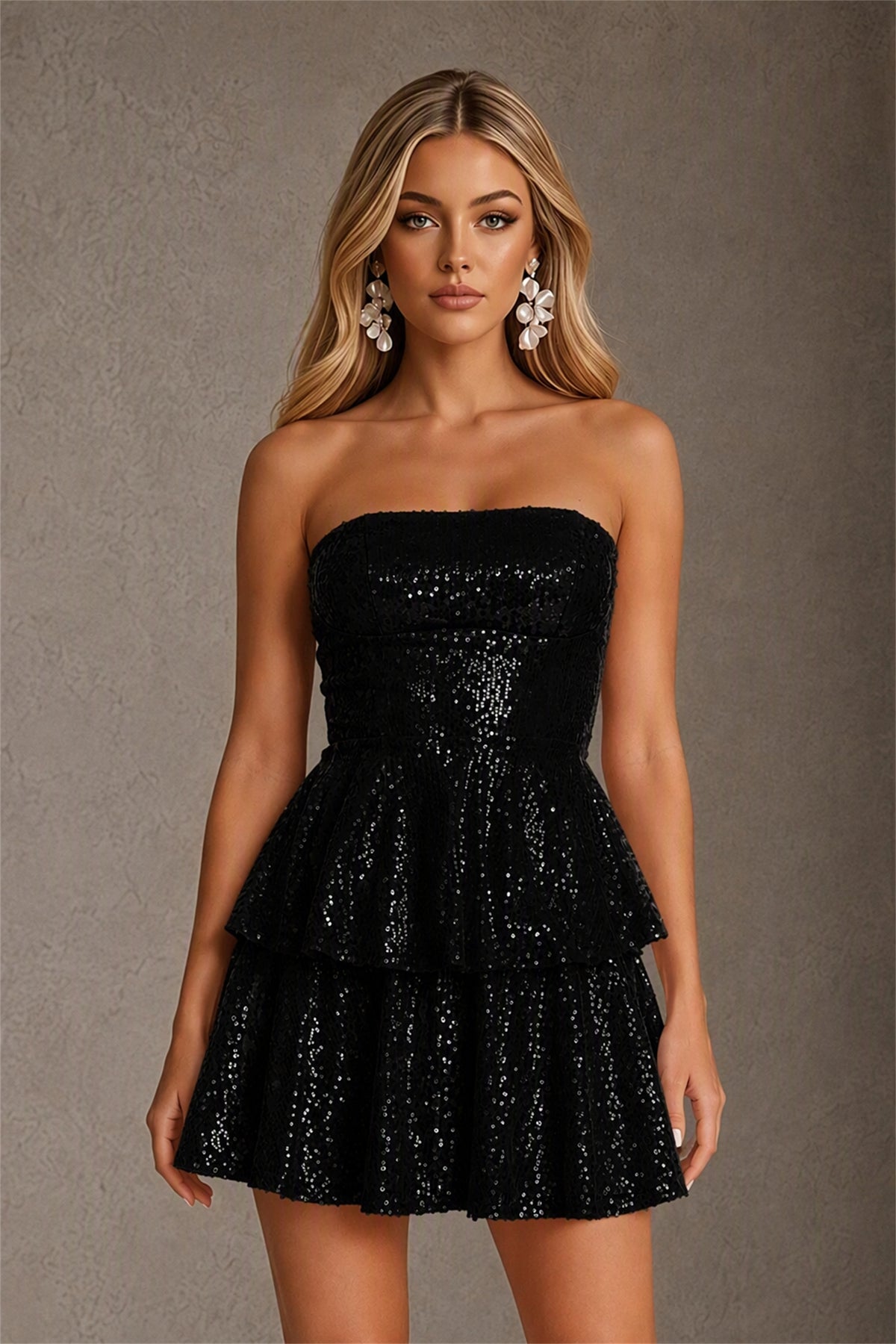 BOLODOO Black Iridescent Sequin Strapless Open Back Bow Tiered Mini Dress | Aurora Sequin Ruffle Party Dress - Black