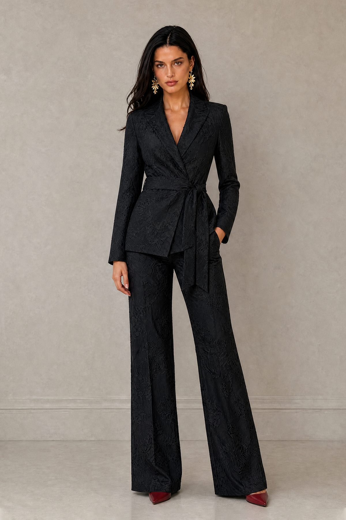 BOLODOO Black Textured Jacquard Wrap Blazer Pantsuit with Wide-Leg Trousers - Black