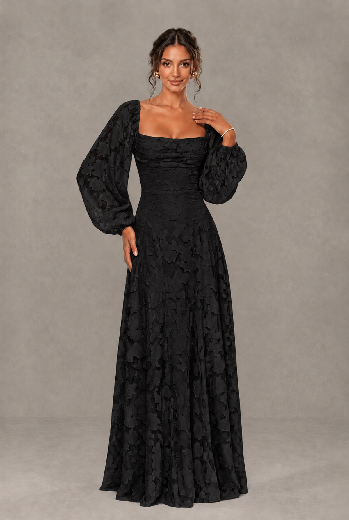 BOLODOO Floral Black Long Sleeve A-Line Dress with Lace-Up Back - Black