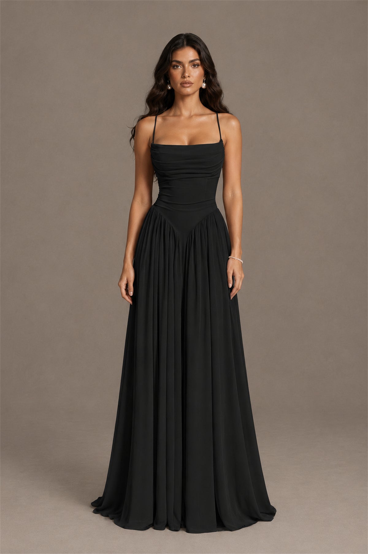 BOLODOO Black Spaghetti Strap Square Neck Ruched Chiffon Maxi Dress with Lace-Up Back - Black