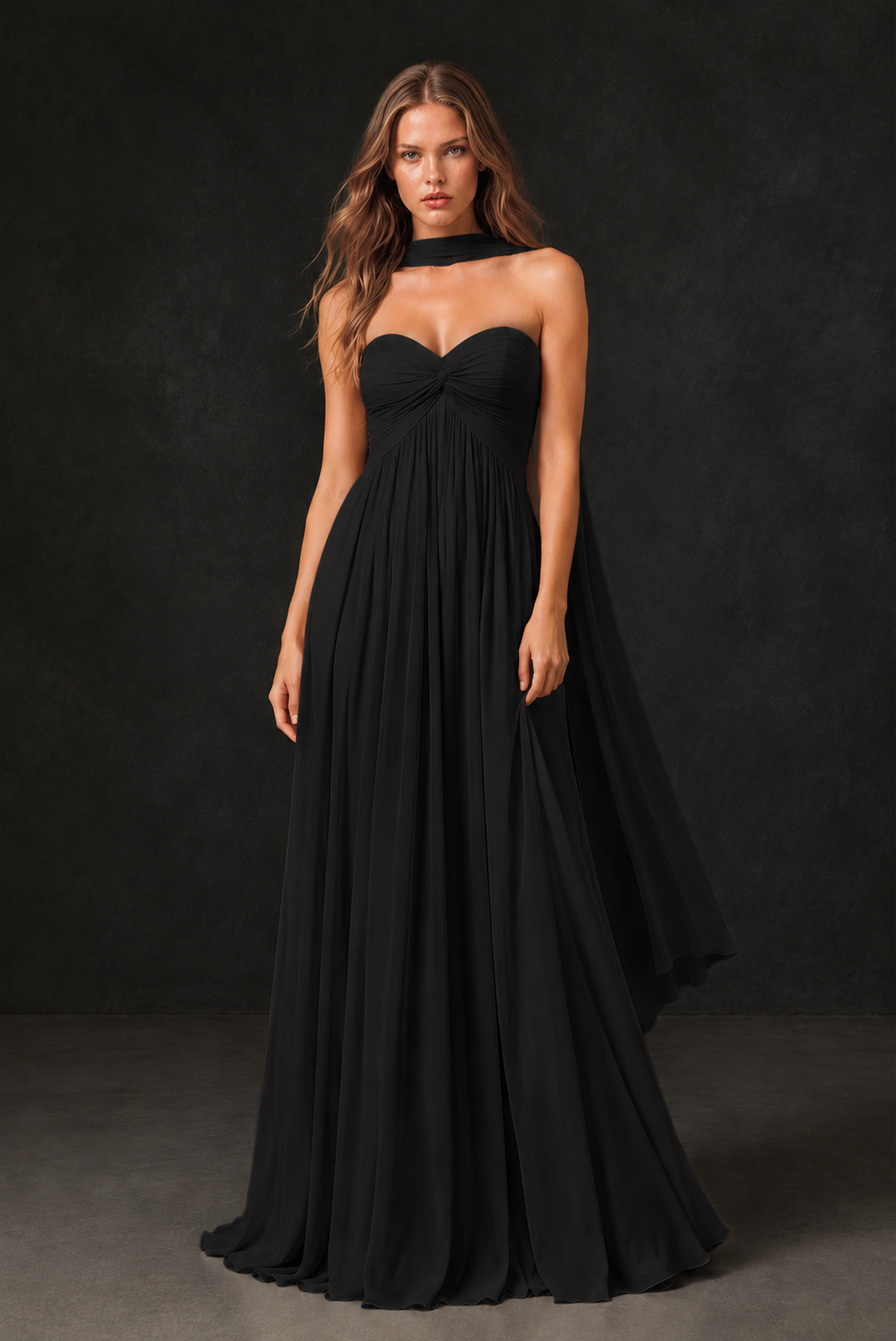 BOLODOO Black Sweetheart Strapless Twist Knot Detached Halter Scarf Lace-Up Back Empire Waist Chiffon Maxi Dress - Black