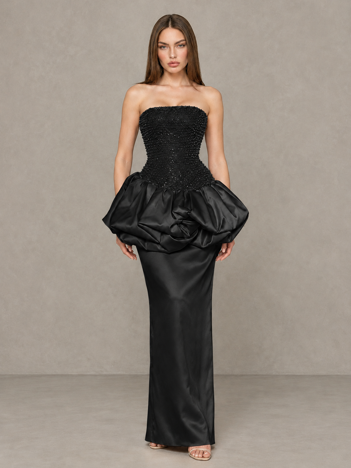 BOLODOO Black Strapless Embellished Bubble Peplum Evening Dress - Black - Black (1)