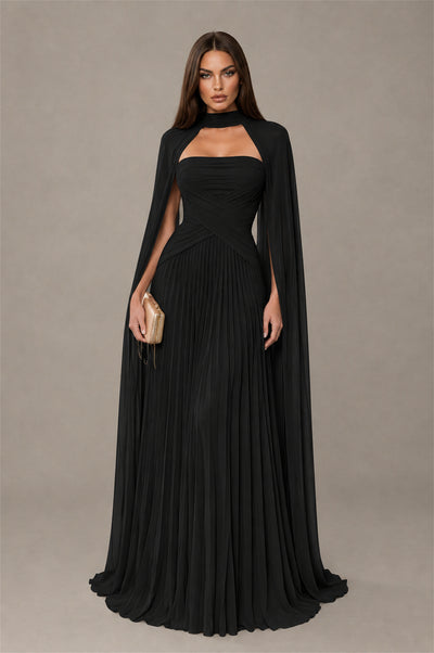 BOLODOO Black Strapless Crossover Ruched Bodice Detached Turtleneck Cape Lace-Up Back Pleated Chiffon Maxi Dress - Black