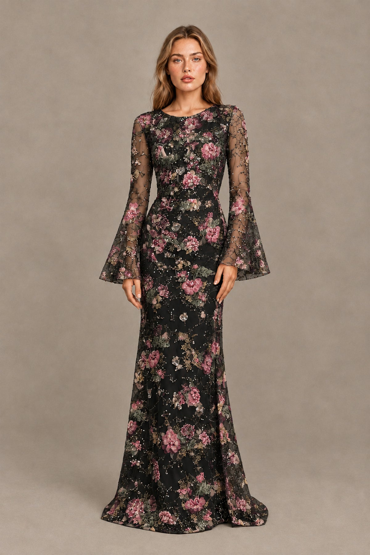 BOLODOO Floral Embroidered Tulle Black Mermaid Gown with Long Bell Sleeves - Black