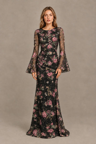 BOLODOO Floral Embroidered Tulle Black Mermaid Gown with Long Bell Sleeves - Black