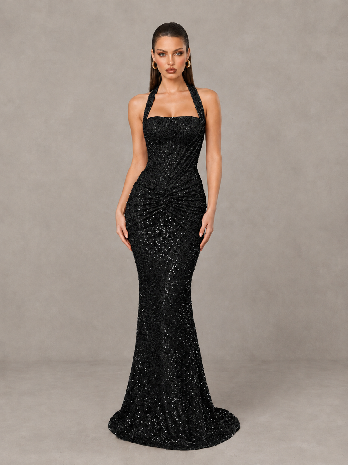 BOLODOO Black Sequin Halter Mermaid Evening Gown - Black - Black (1)