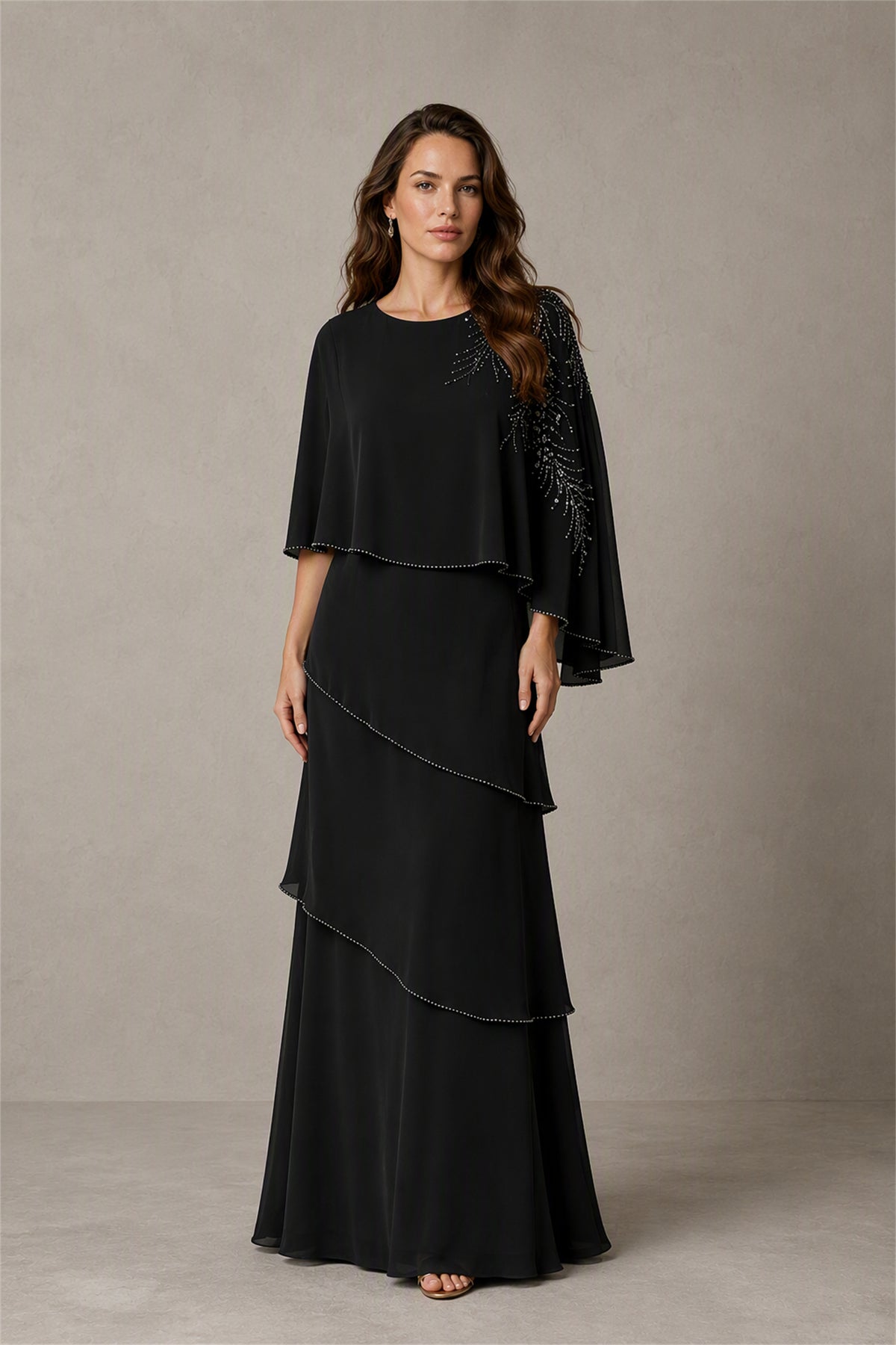 BOLODOO Black Mocha Asymmetric Cape Sleeve Black Sequin Embroidered Pearl Trim Tiered Chiffon Gown - Black