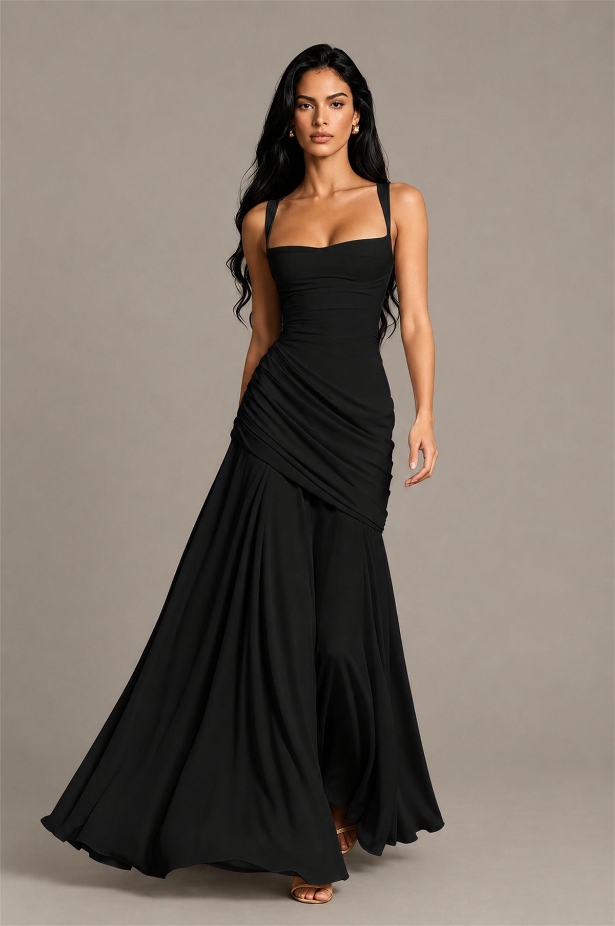 BOLODOO Square Neck Ruched A-Line Maxi Dress - Black Backless Evening Gown - Black