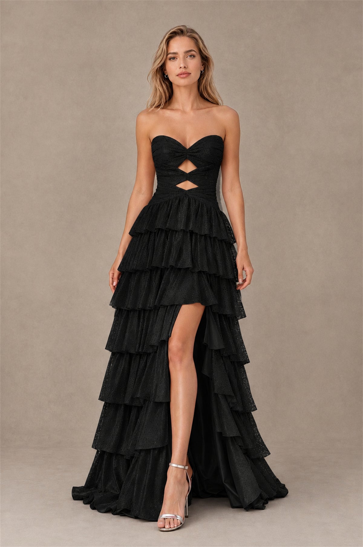 BOLODOO Black Strapless Cutout Tiered Ruffle Prom Dress with High Slit - Black - Black (1)