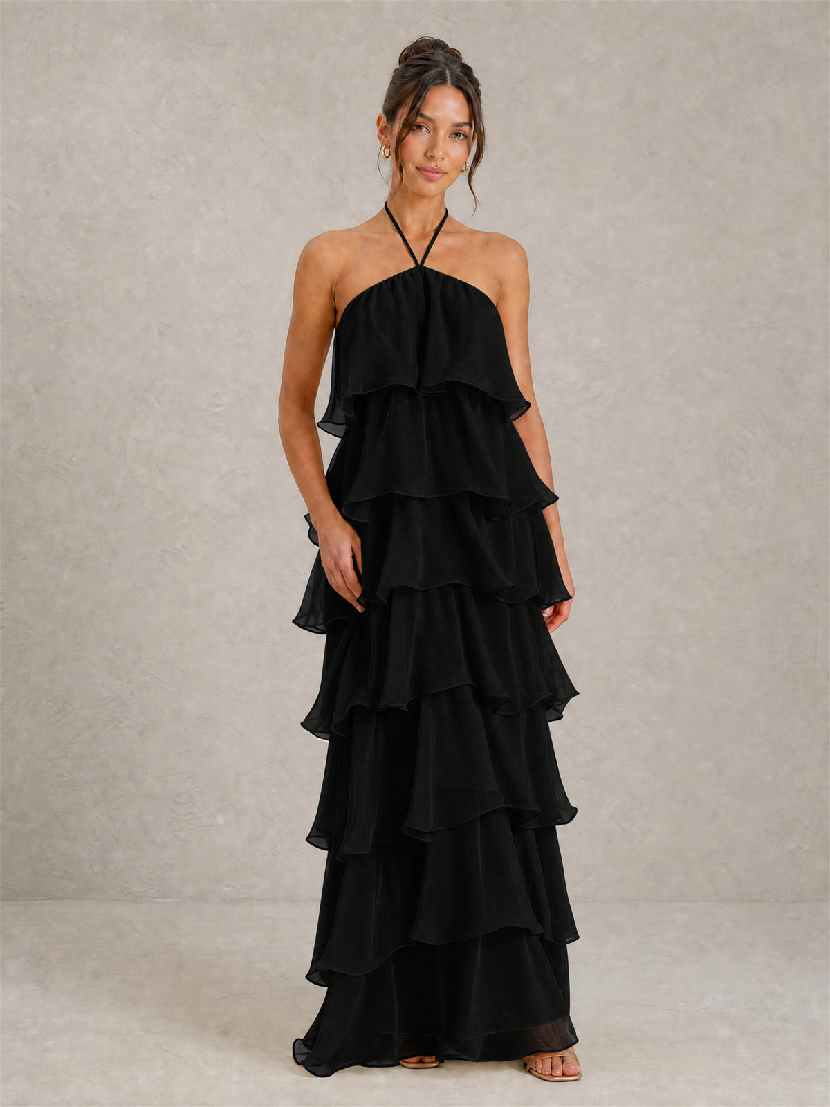 BOLODOO Black Halter Tiered Ruffle Chiffon Maxi Dress - Black