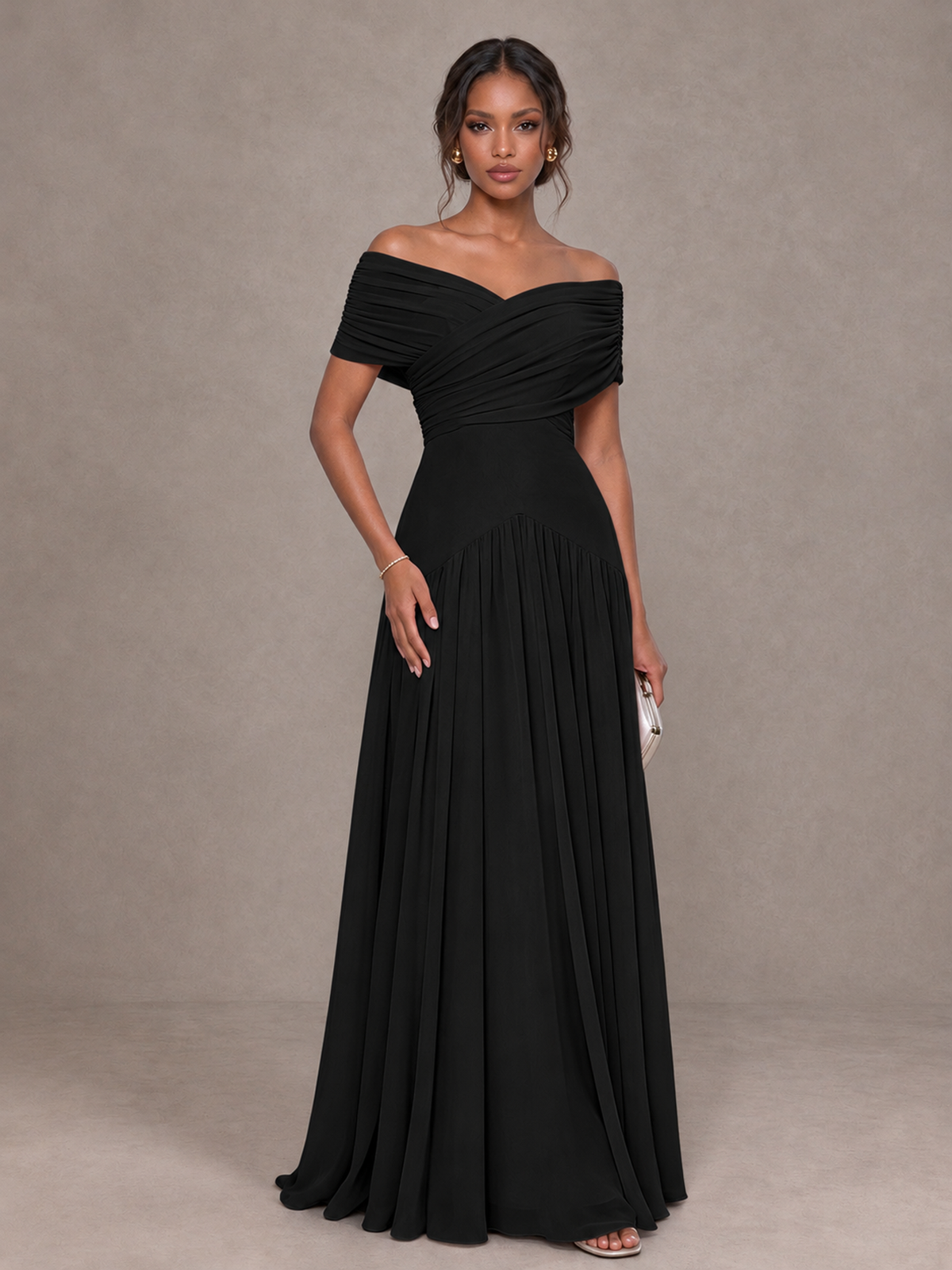 BOLODOO Black Off-Shoulder Ruched A-Line Bridesmaid Dress - Black - Black (1)
