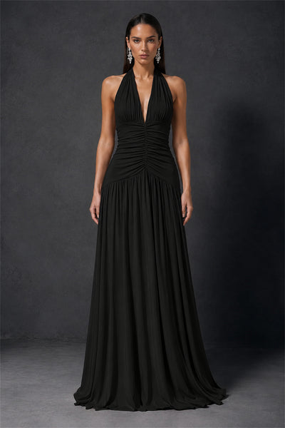 BOLODOO Black Halter Deep V-Neck Ruched Chiffon Open Back Maxi Dress with Draped Neck Tie - Black