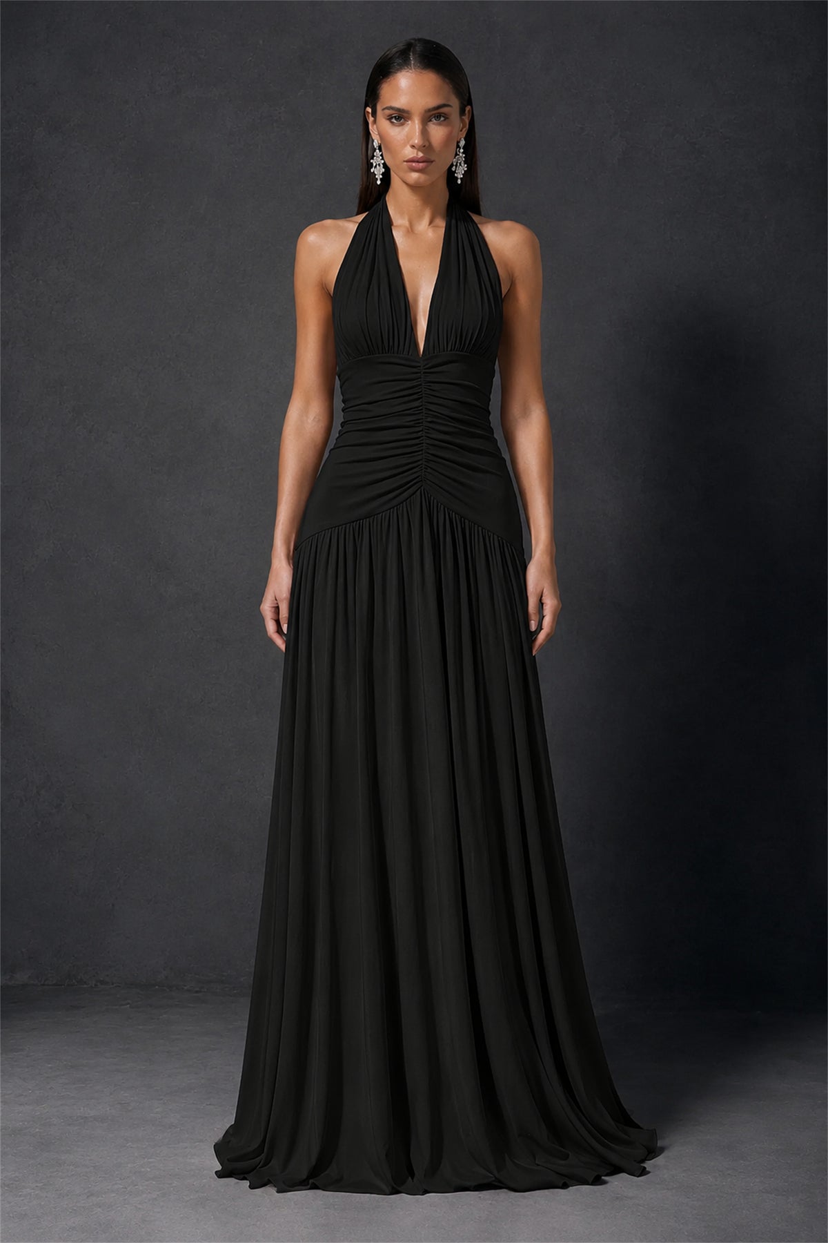 BOLODOO Black Halter Deep V-Neck Ruched Chiffon Open Back Maxi Dress with Draped Neck Tie - Black