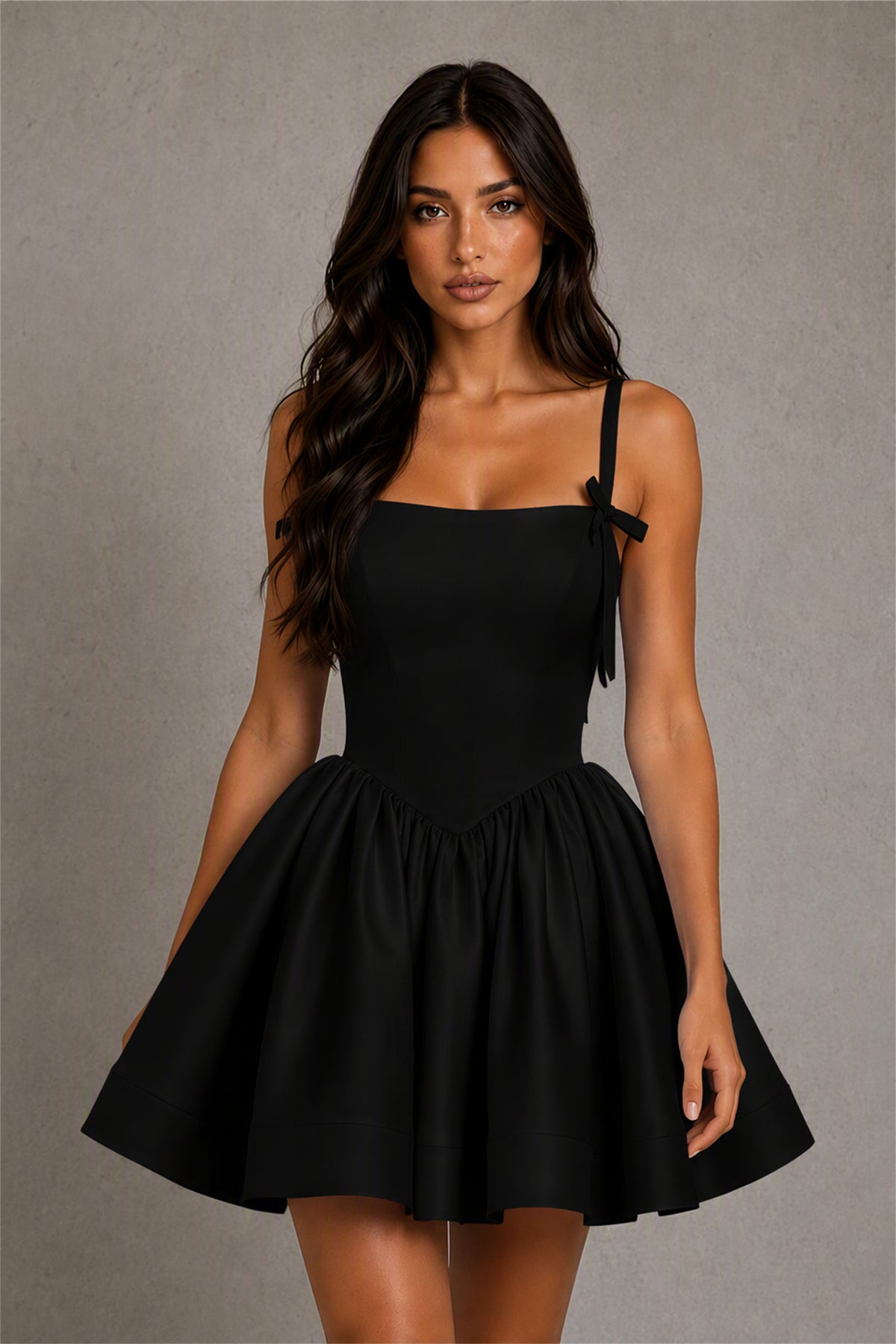 BOLODOO Baby Black Satin Square Neck Bow Strap Lace-Up Back Bubble Mini Dress | Cocktail Party Date Night Dress - Black
