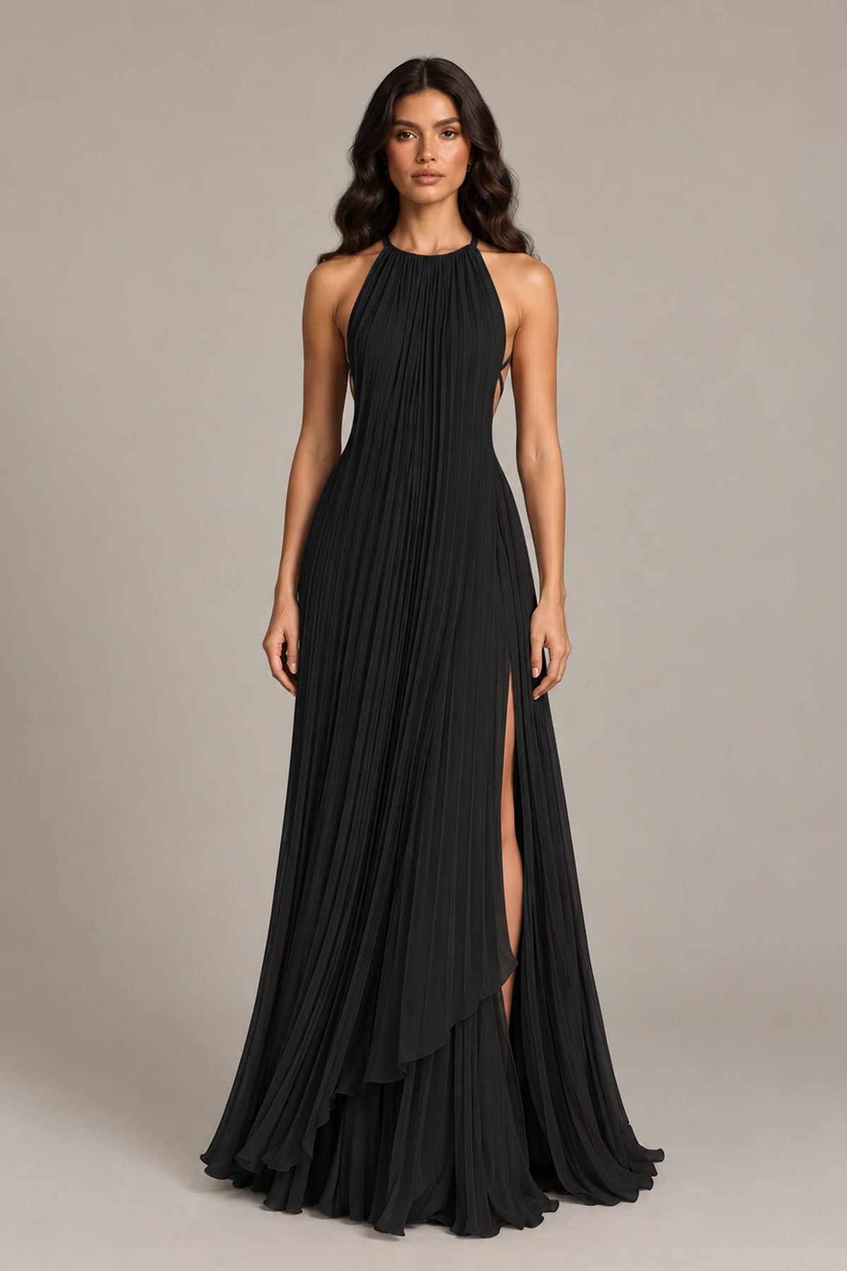 BOLODOO Black Halter Neck Pleated Chiffon Maxi Dress with Side Slit - Black