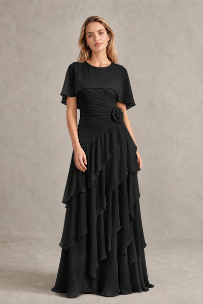 BOLODOO Black Chiffon Flutter Sleeve Tiered Maxi Dress with 3D Rosette - Black