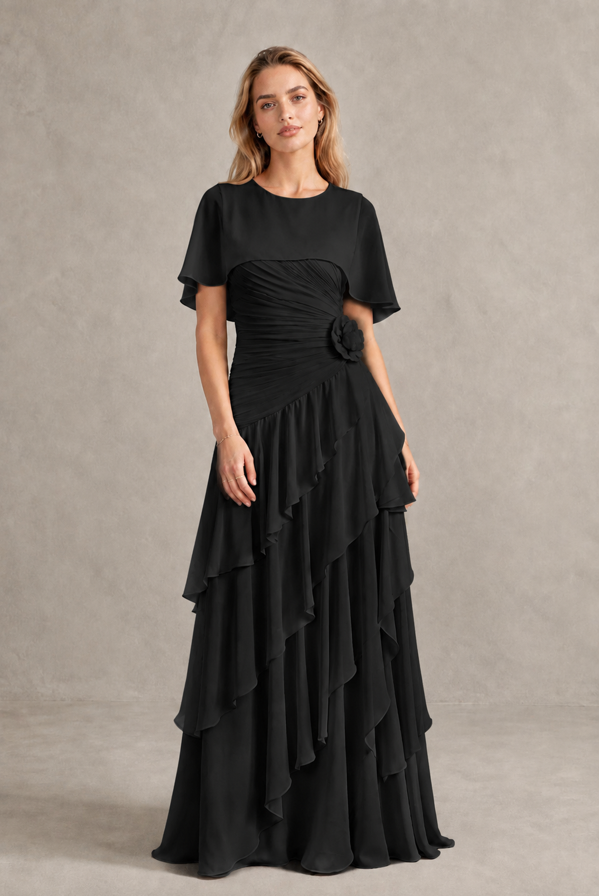 BOLODOO Black Chiffon Flutter Sleeve Tiered Maxi Dress with 3D Rosette - Black