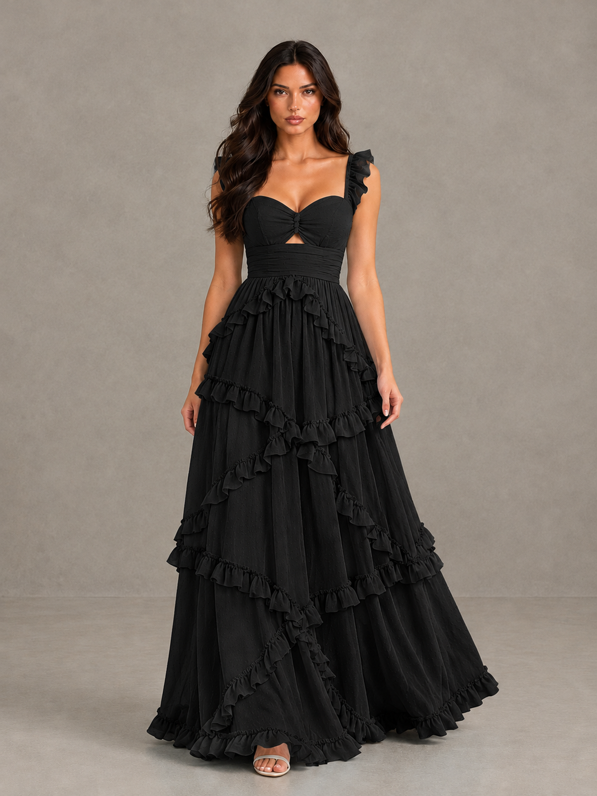 BOLODOO Black Ruffle A-Line Prom Dress with Open Back - Black - Black (1)