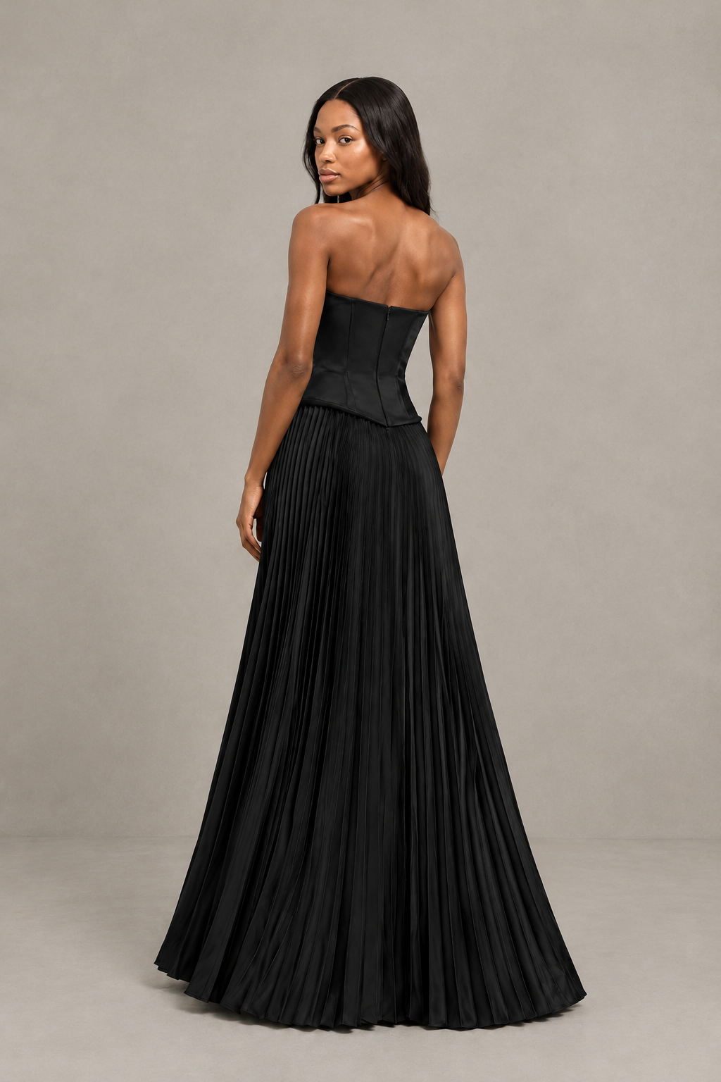 BOLODOO Black Strapless Pleated Satin Evening Prom Dress - Black