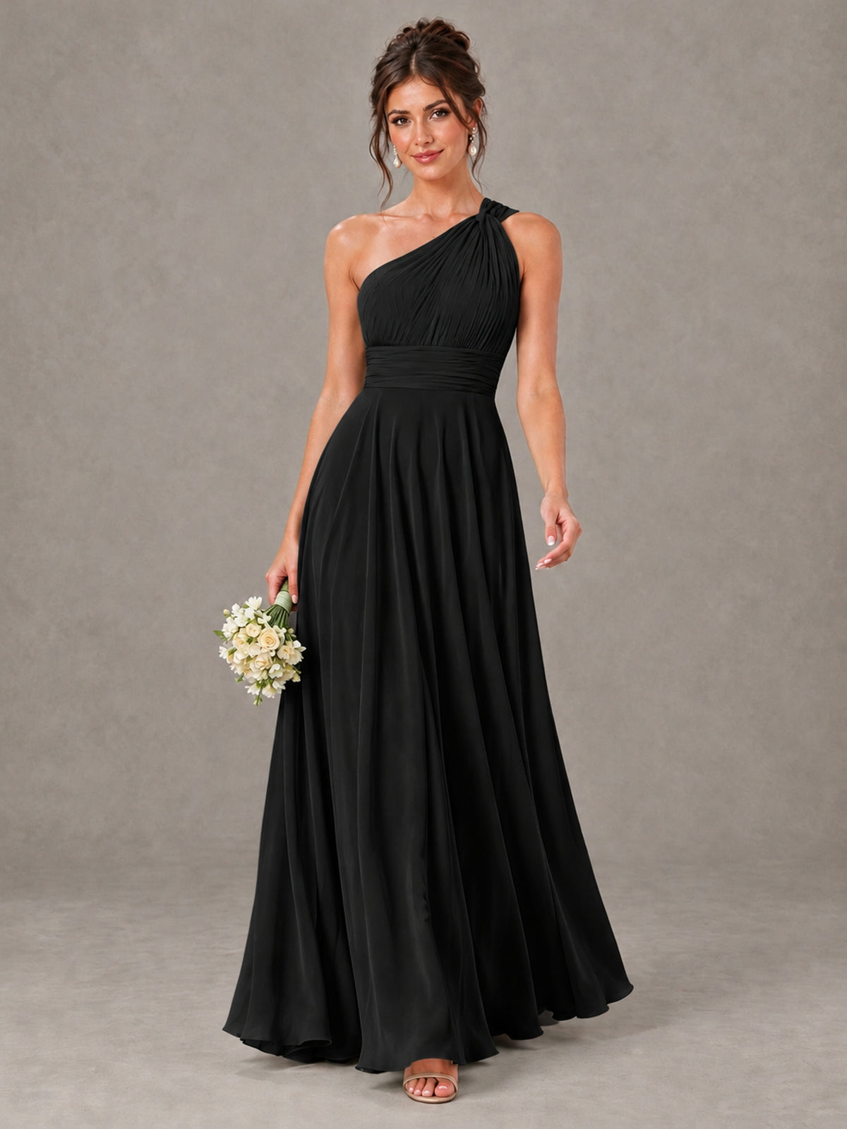 BOLODOO Black One-Shoulder Chiffon-Look Bridesmaid Dress - Black - Black (1)