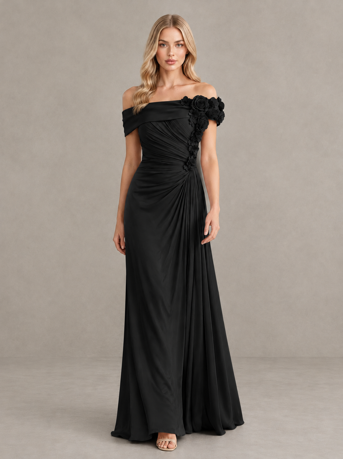 BOLODOO Black Off-Shoulder Floral Applique Wedding Guest Maxi Dress - Black - Black (1)