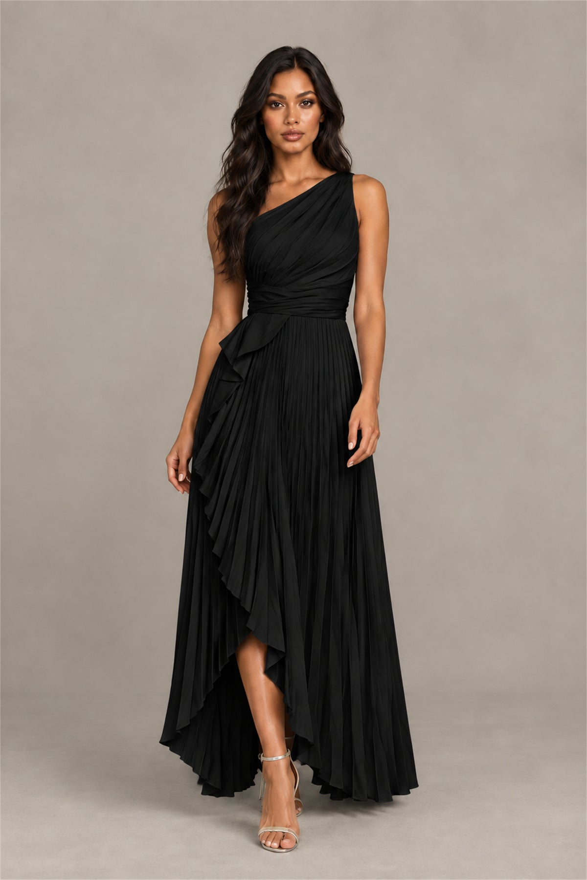 BOLODOO Black One-Shoulder High-Low Ruffle Maxi Dress - Black