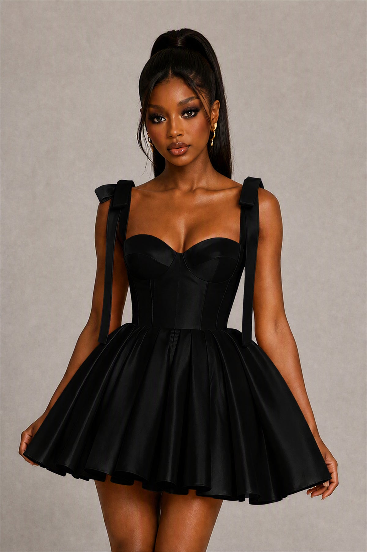 BOLODOO Black Satin Sweetheart Corset Bow Strap Lace-Up Open Back Full Skirt Mini Dress | Prom Cocktail Party Dress - Black