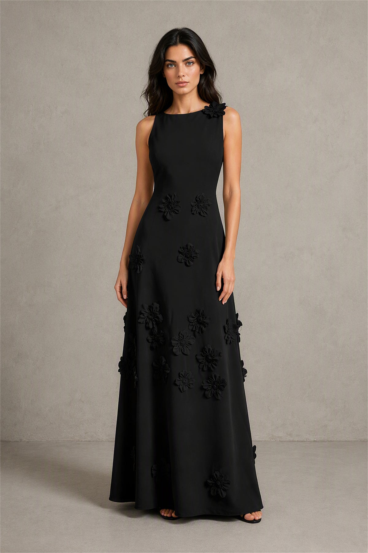 BOLODOO Black 3D Floral Appliqué Sleeveless Maxi Dress - Black