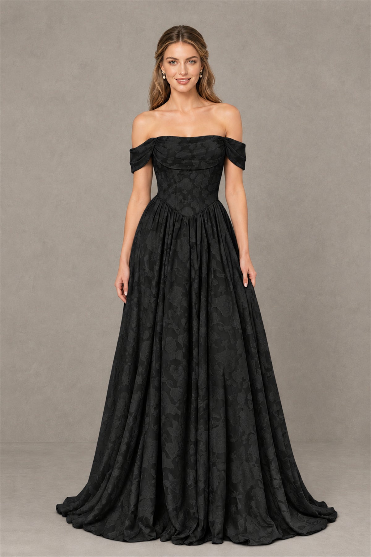 BOLODOO Black Off-Shoulder Floral A-Line Maxi Dress - Black