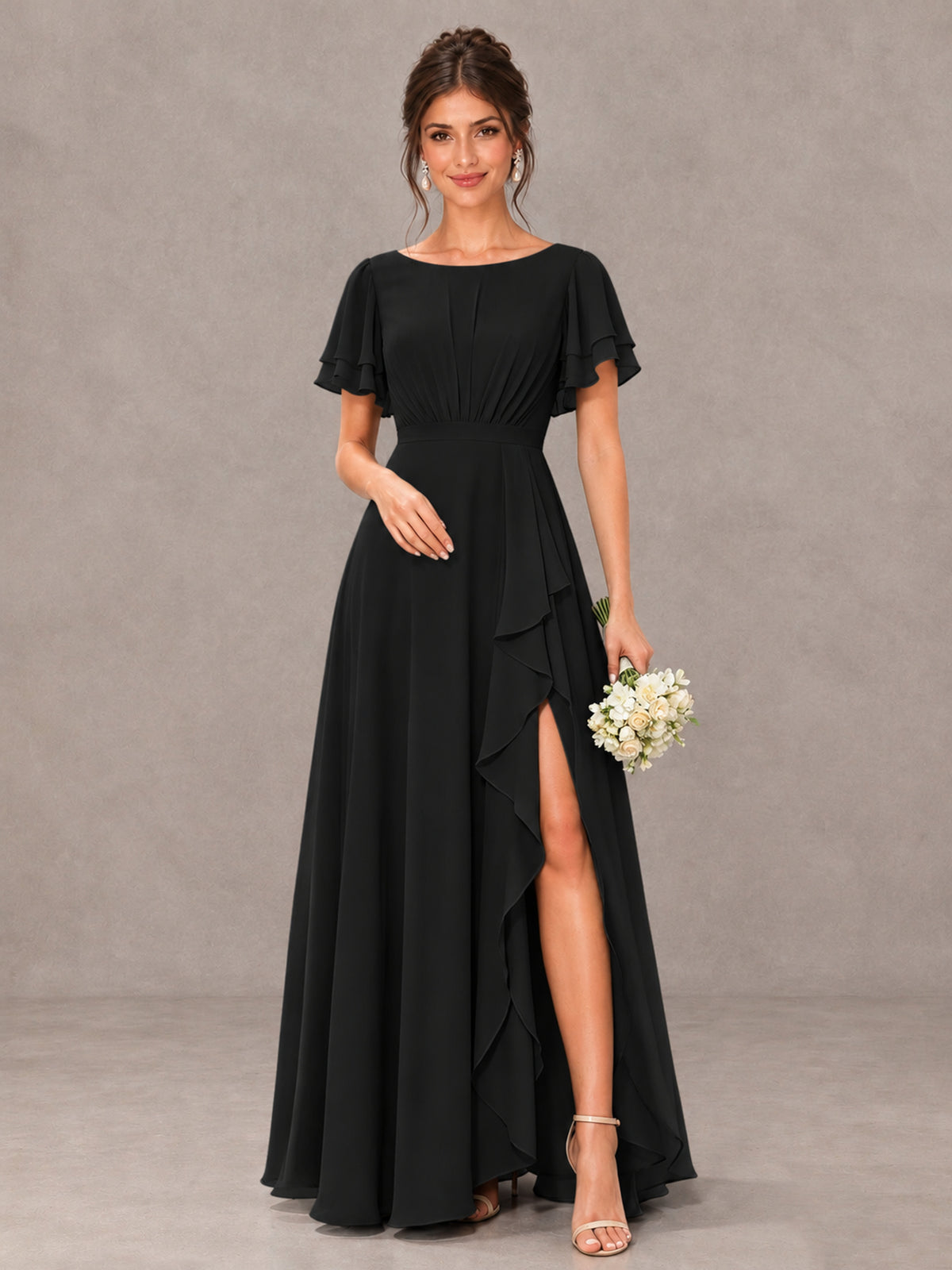 BOLODOO Black Flutter Sleeve Ruffle Bridesmaid Dress with Slit - Black - Black (1)