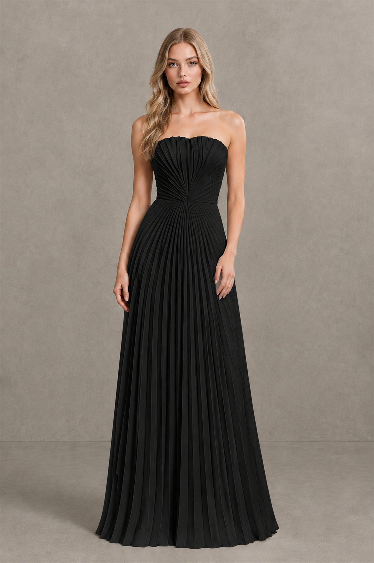 BOLODOO Black Strapless Sunburst Pleated Twisted Knot Lace-Up Back Accordion Pleated Chiffon Maxi Dress - Black