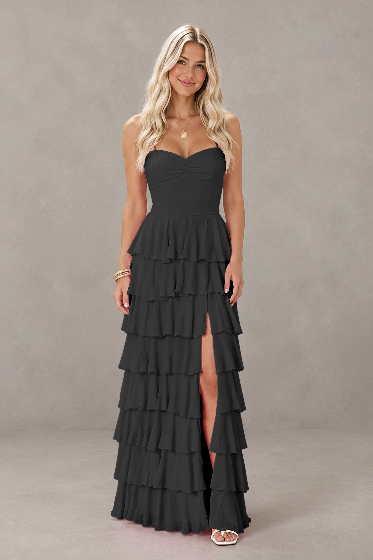 BOLODOO Black Strapless Tiered Ruffle Maxi Dress with Slit & Lace-Up Back - Black