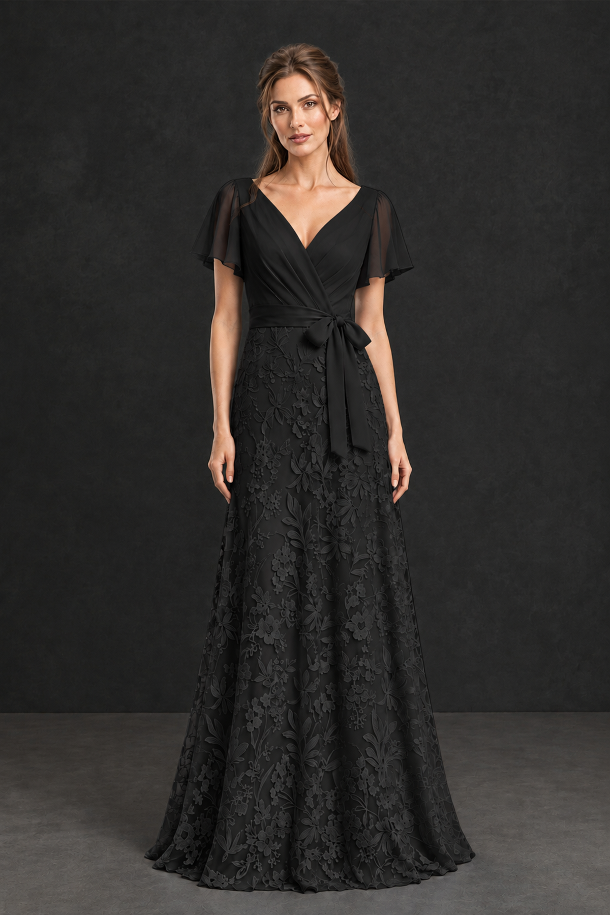 BOLODOO Black Flutter Sleeve Lace Mother of the Bride Dress - Black
