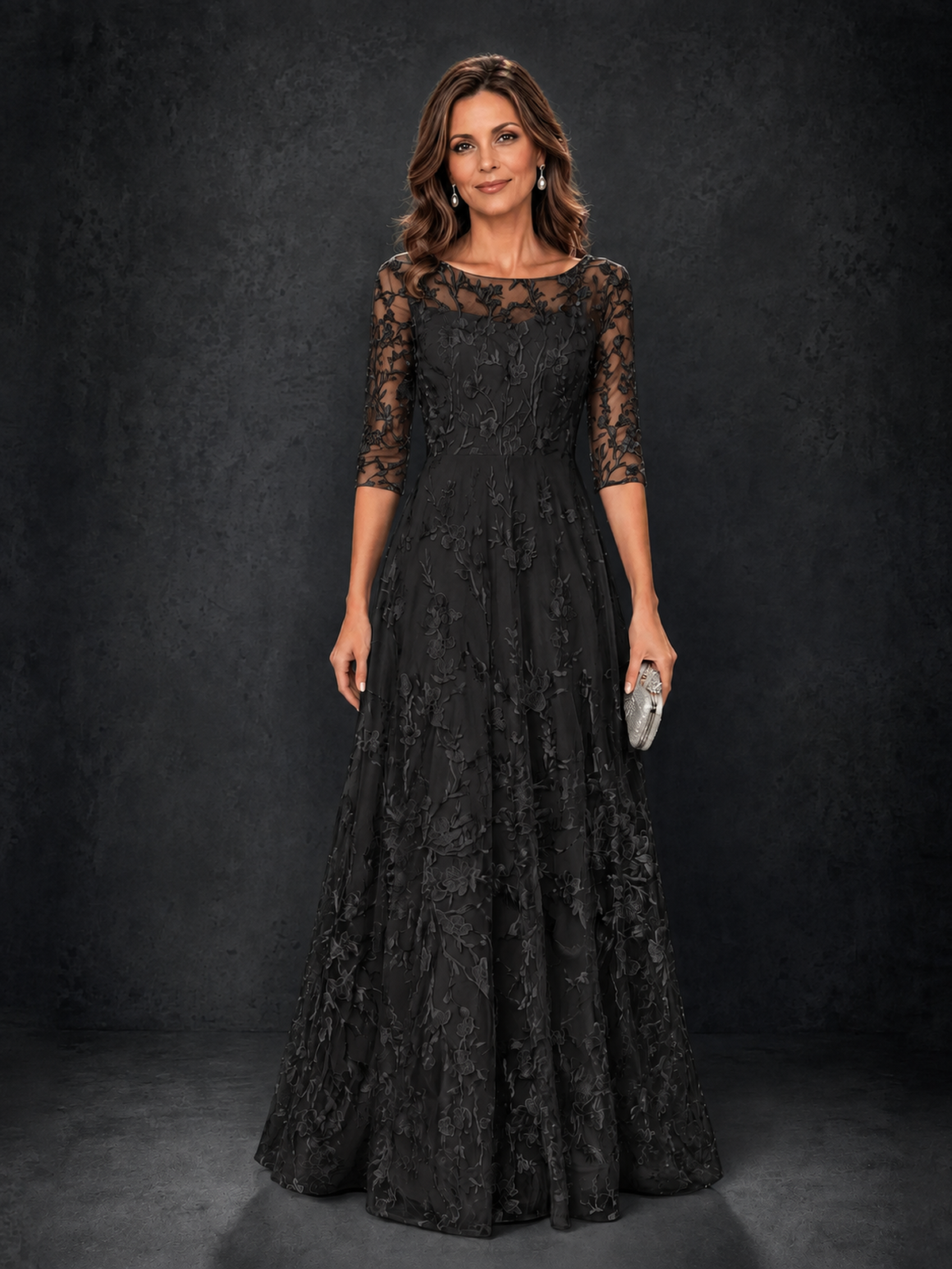 BOLODOO Wisteria Black Illusion Bateau Neck 3/4 Sleeve Floral Lace A-Line Mother of the Bride Dress MX007 - Black