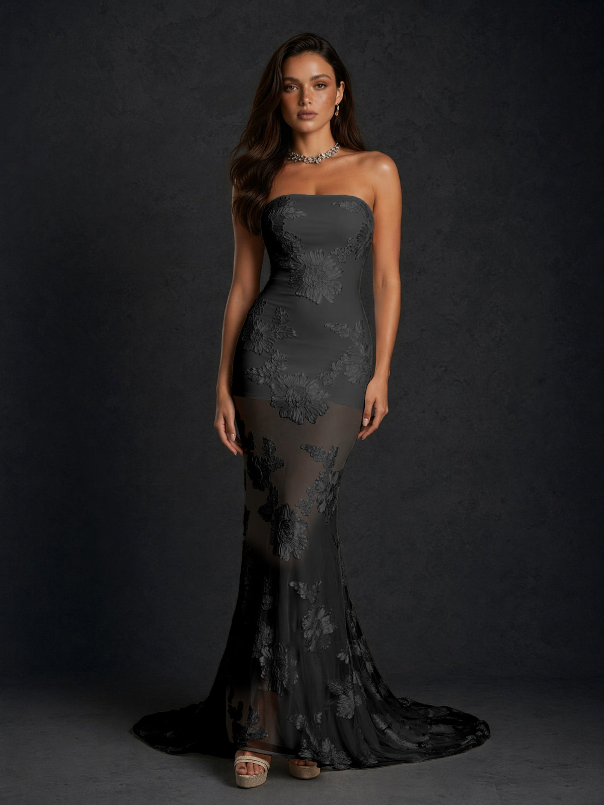 BOLODOO Black Champagne Gold Floral Sequin Embroidered Mesh Strapless Open Back Mermaid Maxi Dress with Train - Black