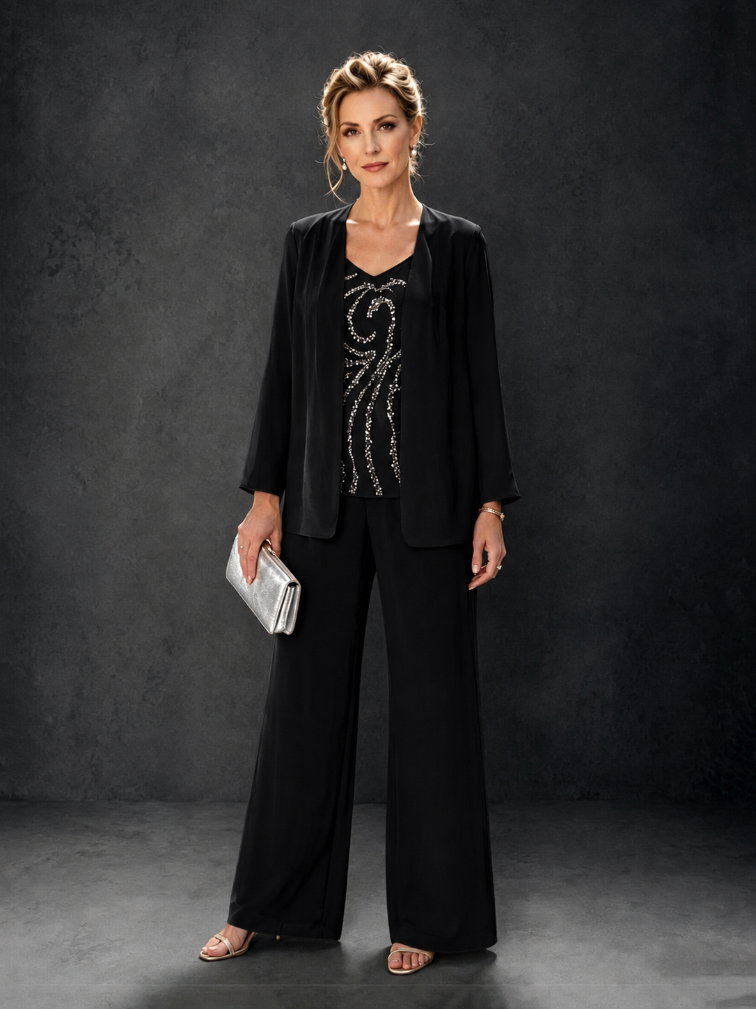BOLODOO Black 3-Piece Mother of the Bride Pant Suit with Beaded Top & Chiffon Jacket - Black