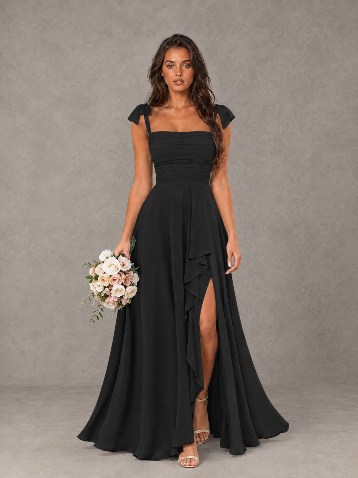 BOLODOO Black Bow-Strap Bridesmaid Dress with Ruffle Slit - Black - Black (1)
