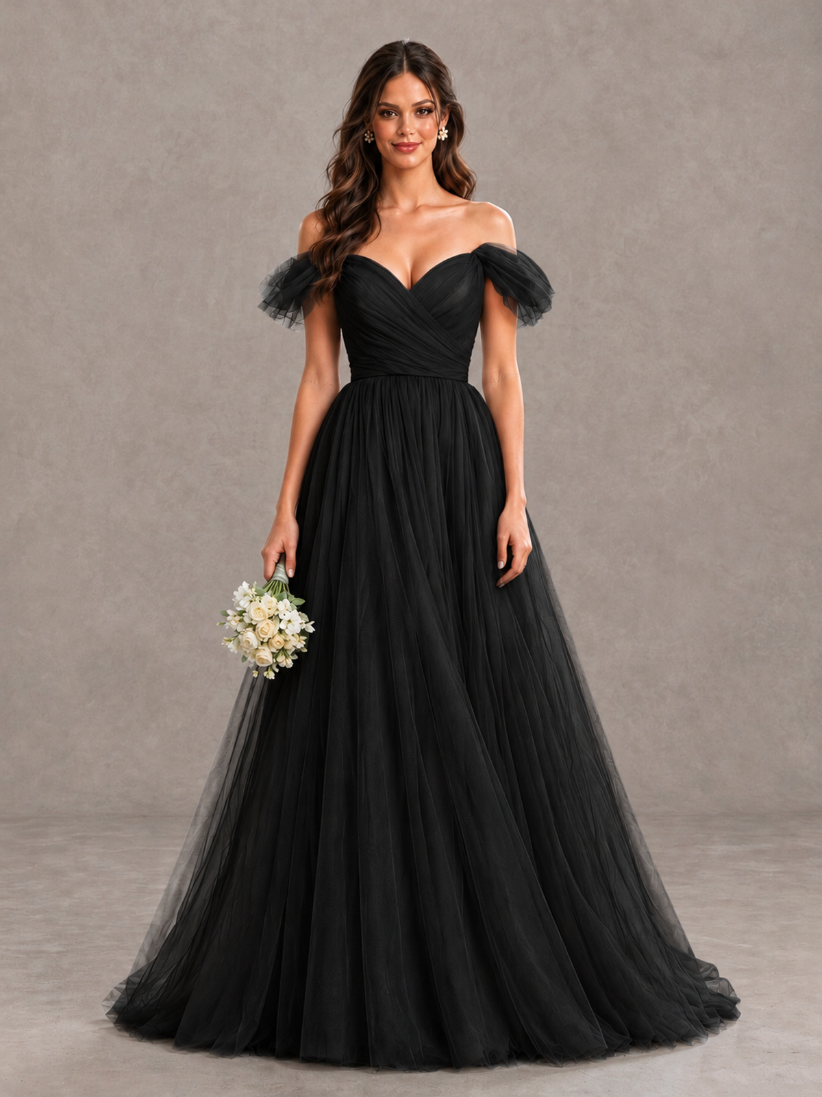 BOLODOO Black Off-the-Shoulder Ruffle Sleeve A-Line Bridesmaid Dress - Black - Black (1)