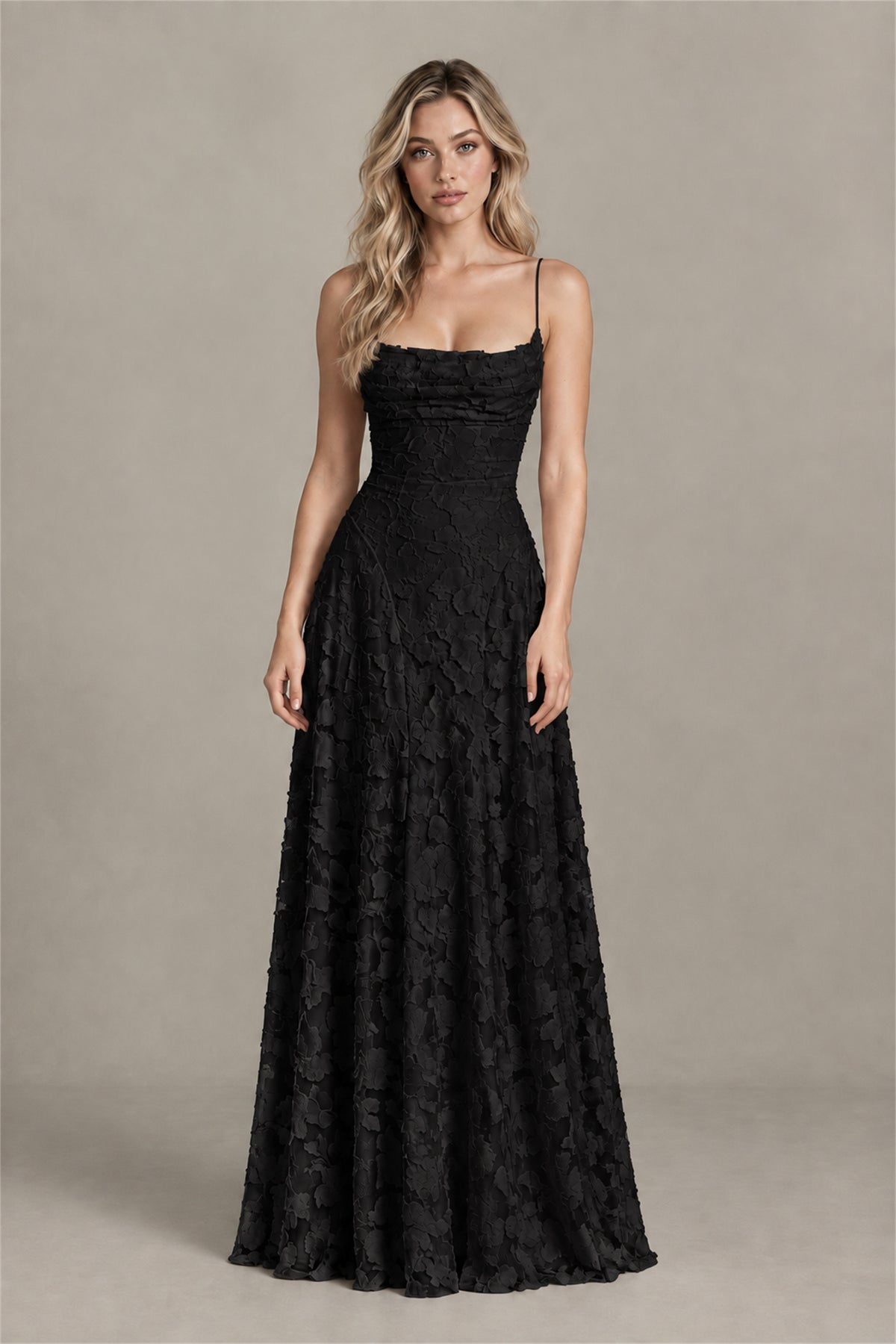 BOLODOO Black Floral Appliqué Lace-Up Back Maxi Dress - Black