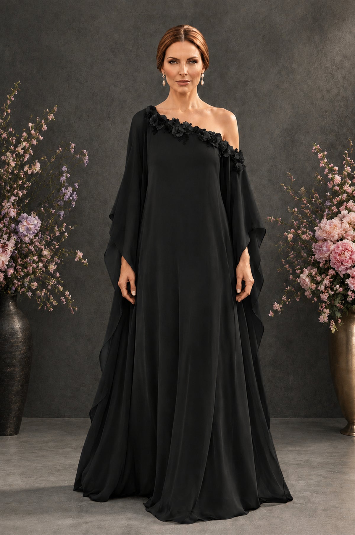 BOLODOO Black 2-Piece Set: Off-Shoulder 3D Floral Cape Gown & One-Shoulder Wide-Leg Jumpsuit | BD0373 - Black