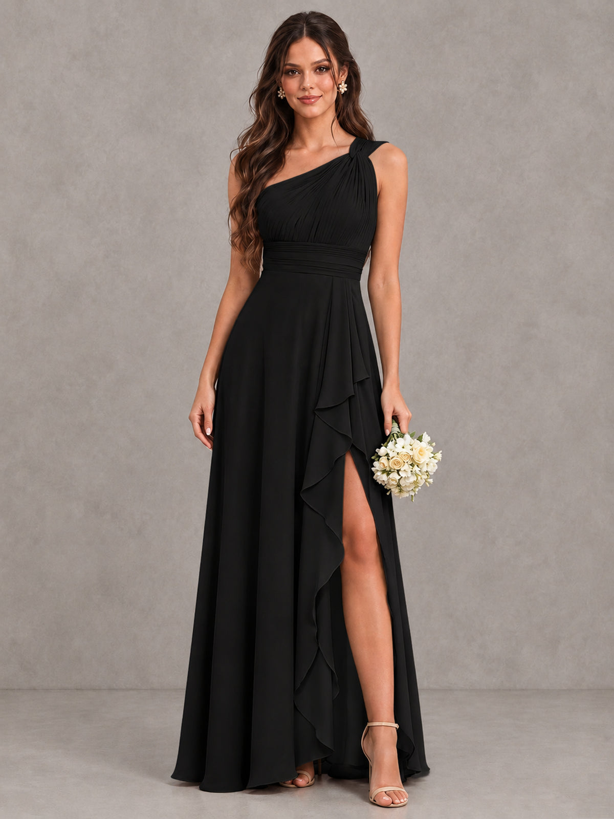 BOLODOO Black One-Shoulder Ruffle Bridesmaid Dress with Slit - Black - Black (1)