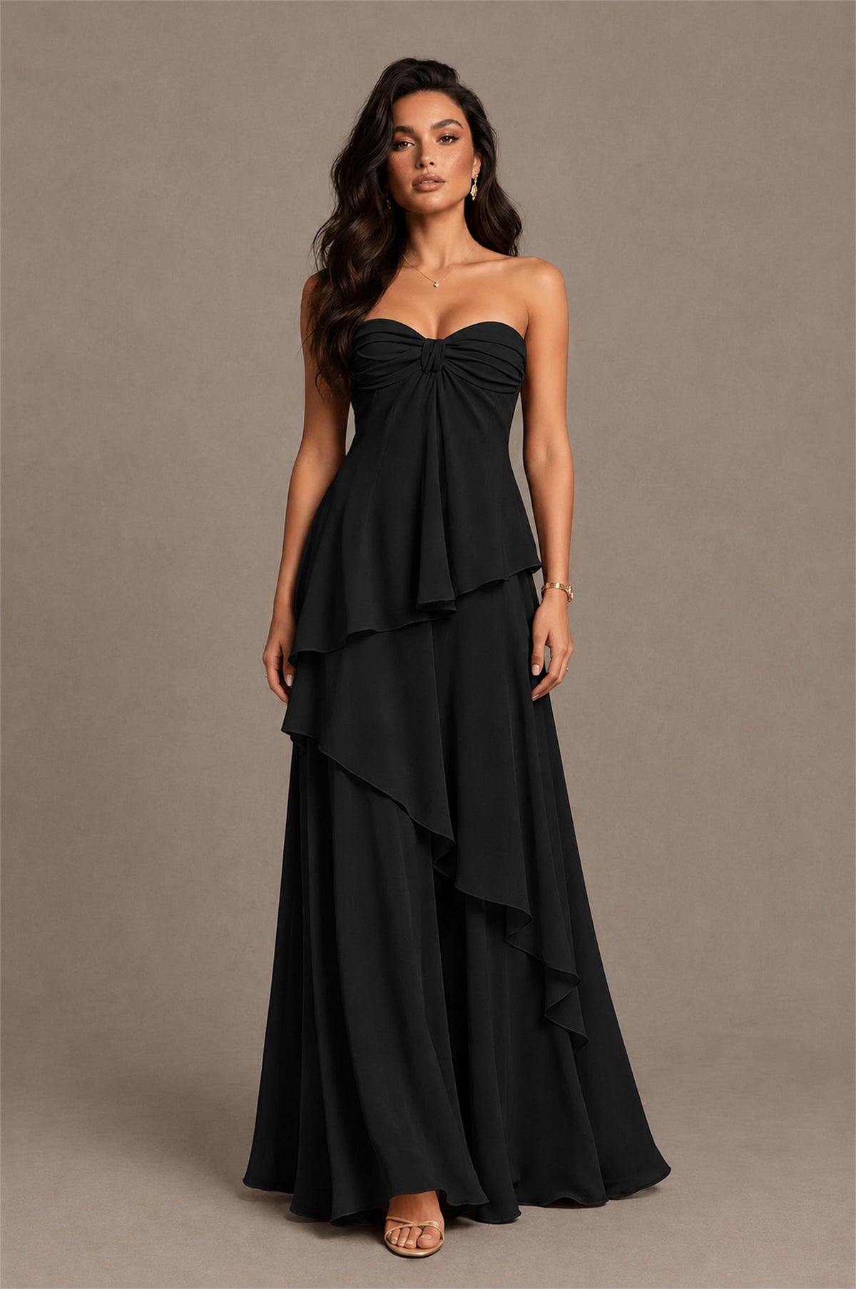 BOLODOO Black Strapless Sweetheart Knotted Chiffon Tiered Maxi Dress with Lace-Up Back - Black