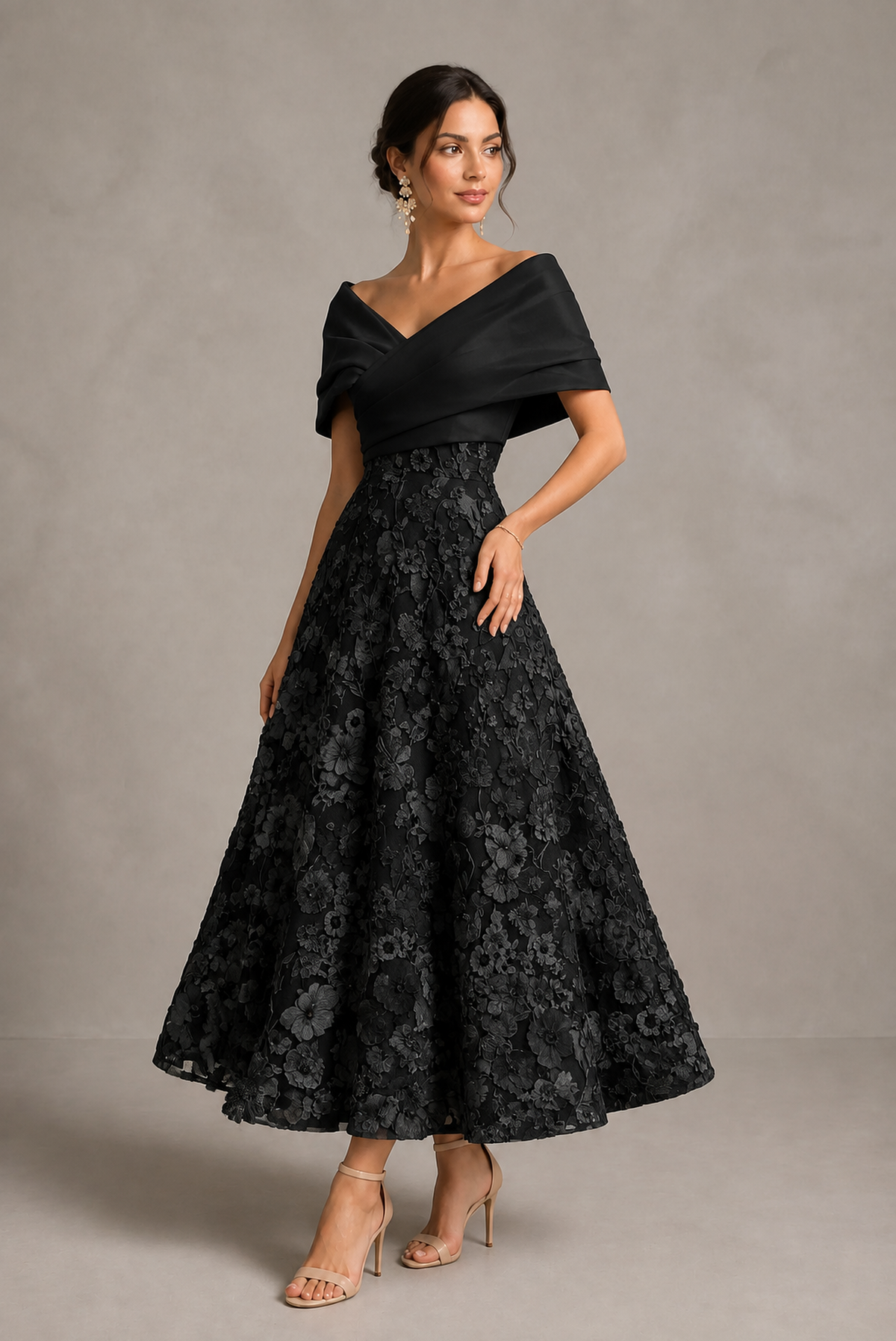 Black Off-Shoulder Satin & 3D Floral Embroidered Tulle Tea Length A-Line Dress - Black